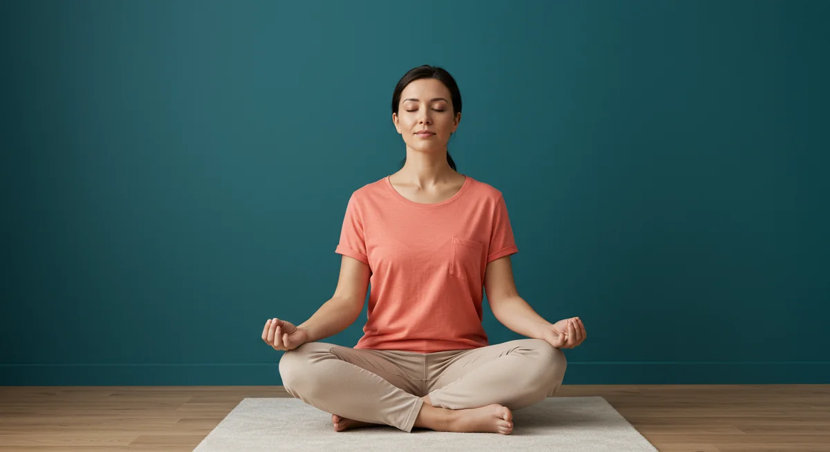Frau in friedlicher Meditation auf Yogamatte vor Teal-farbenem Hintergrund