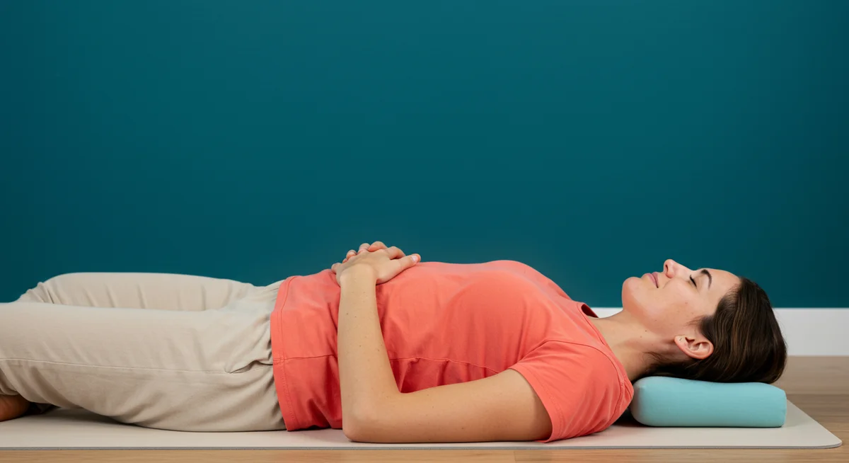 Frau liegt entspannt auf dem Rücken mit Händen auf dem Bauch