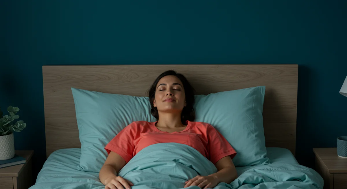 Frau liegt entspannt im Bett mit geschlossenen Augen, türkisfarbenes Bettzeug, friedlicher Gesichtsausdruck