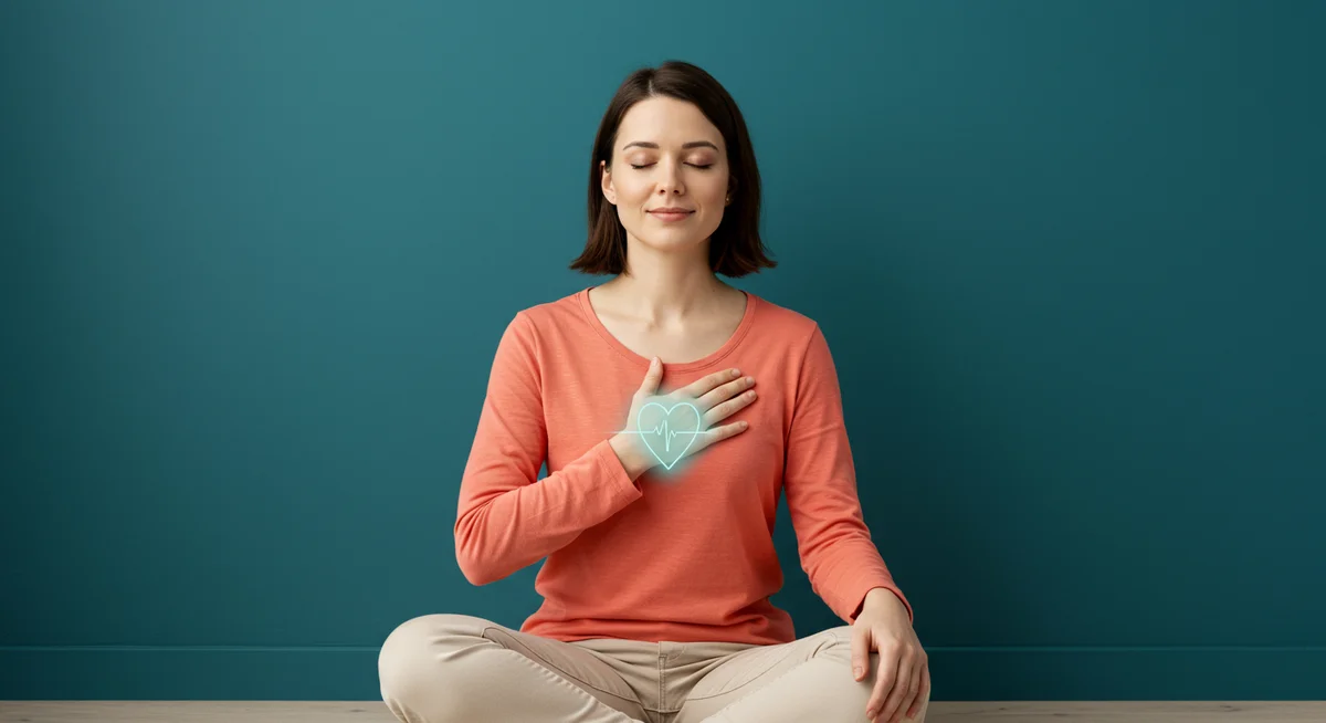 Frau sitzt in entspannter Haltung mit Hand über dem Herzen, Augen geschlossen, friedlicher Ausdruck
