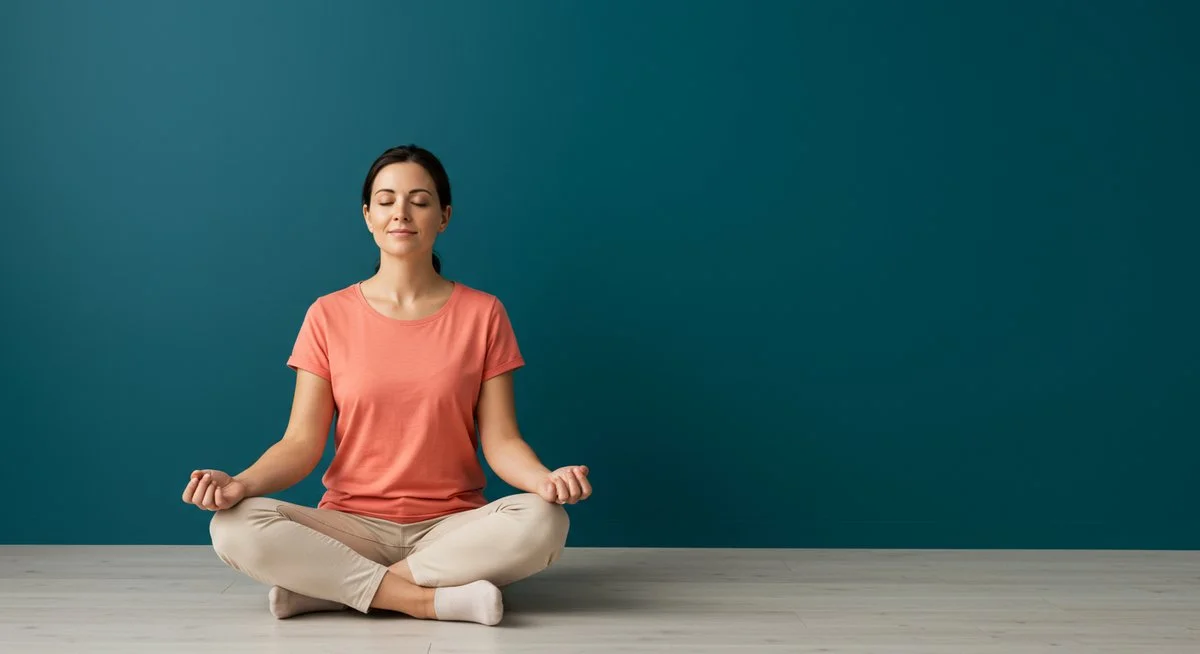 Frau in entspannter Meditationshaltung vor tealfarbenem Hintergrund