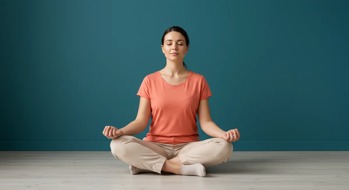 Frau in friedlicher Meditationshaltung zeigt tiefe Entspannung durch die Schwereübung