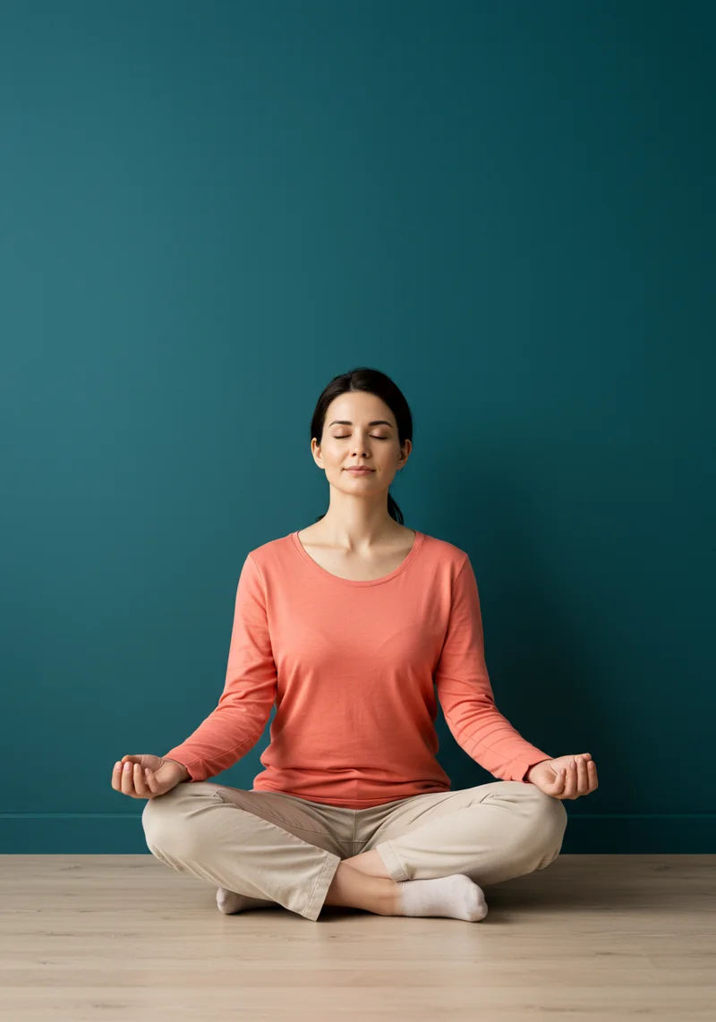 Frau in friedlicher Meditationshaltung in coral-farbenem Shirt vor teal-farbener Wand