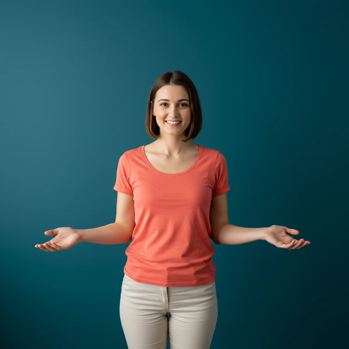 Welcoming person with open arms in front of teal background